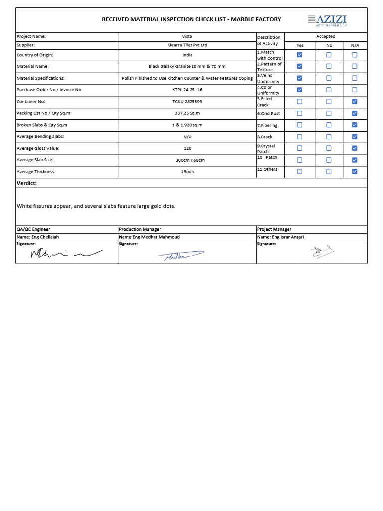 Marble Factory Material Inspection Checklist | PDF | Chess Theory ...