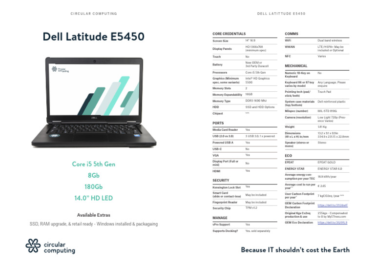 Dell Latitude E5450 Specifications Guide | PDF | Computer Engineering ...