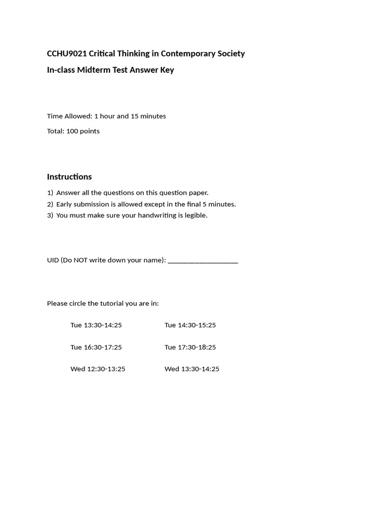 Midterm Test Answer Key & Explanations | PDF | Argument | Fallacy
