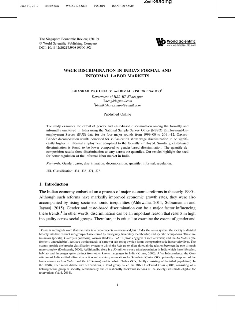 Wage Discrimination in Formal and Informal Labour Market in India | PDF ...