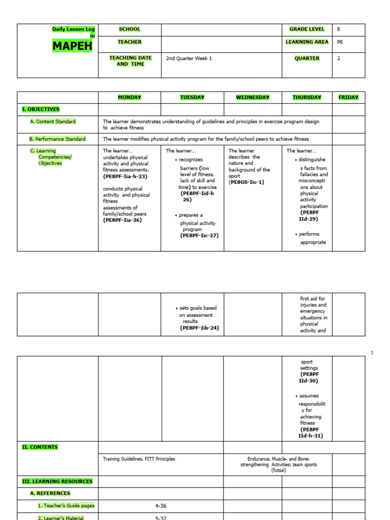 Grade 8 MAPEH PE Daily Lesson Plan | PDF | Physical Fitness | Learning