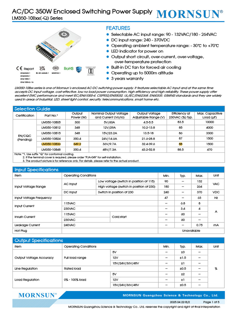 350W AC/DC Power Supply Datasheet | PDF | Power Supply | Electrical ...