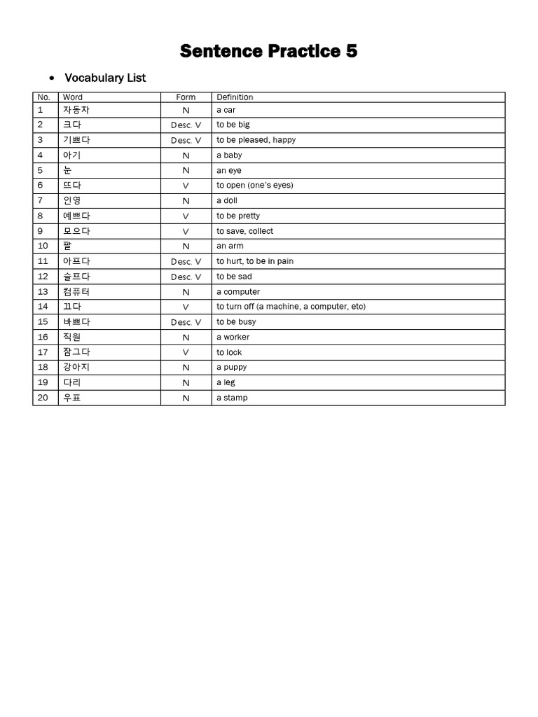 Sentence Practice 5: Vocabulary List | PDF