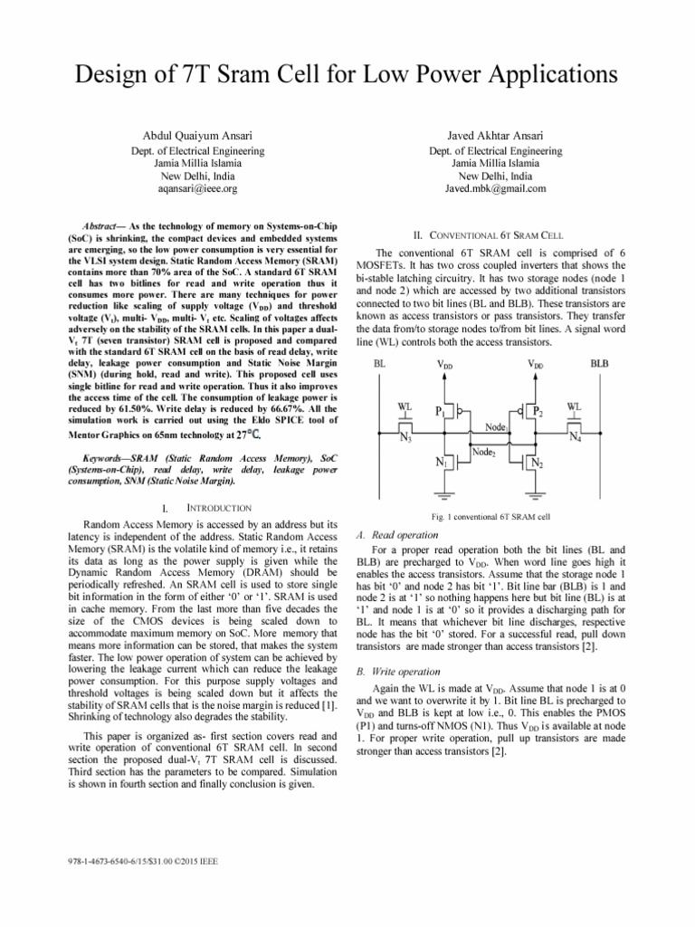 Low Power 7T SRAM Cell Design | PDF | Computer Memory | Electronic Circuits