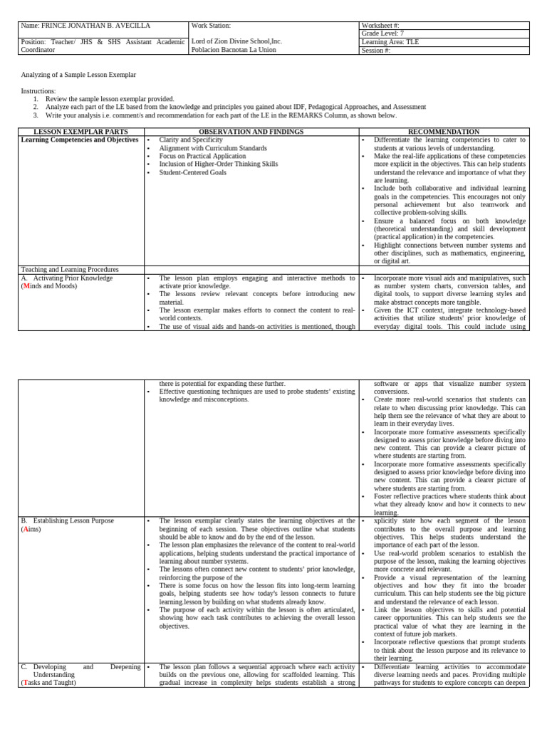Lesson Exemplar Analysis for TLE Grade 7 | PDF | Learning | Lesson Plan