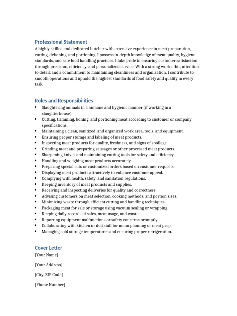 Butcher Professional Statement and Cover Letter | PDF | Meat | Food Safety