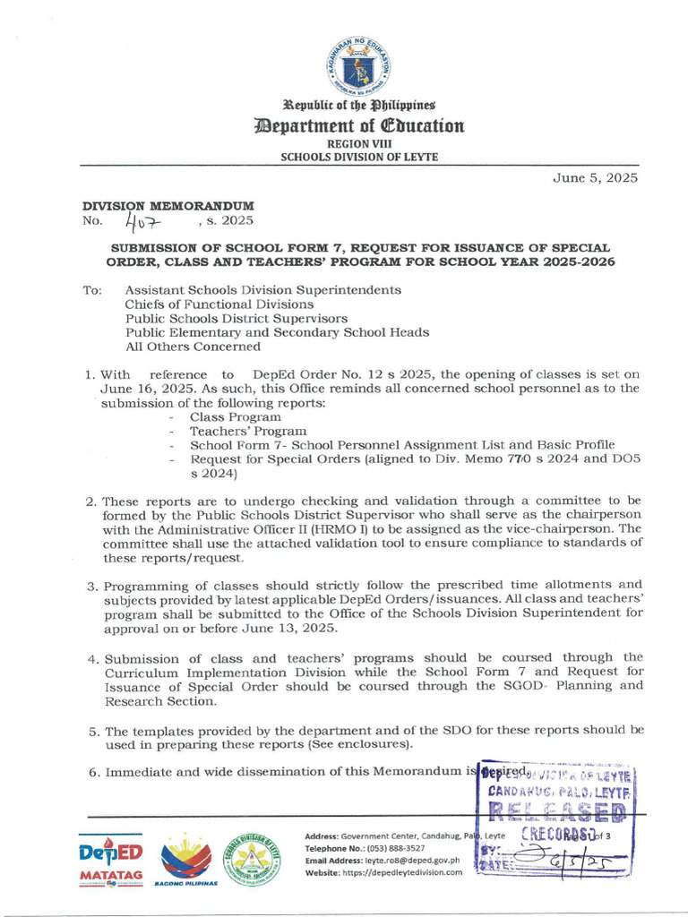 Div. Memo 407 Submission of School Form 7 Request For Issuance of ...