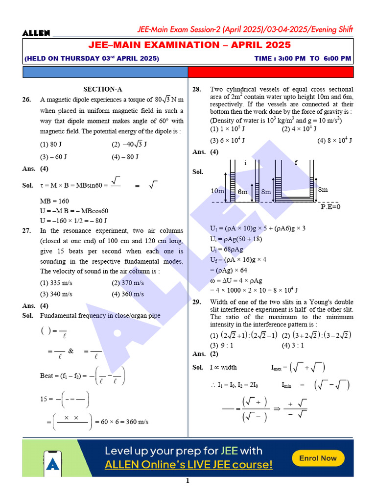 JEE Main April 2025 Physics Solutions | PDF | Gases | Capacitor