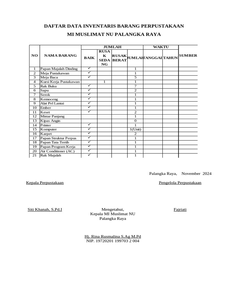 Daftar Data Inventaris Barang Perpustakaan 2024 | PDF