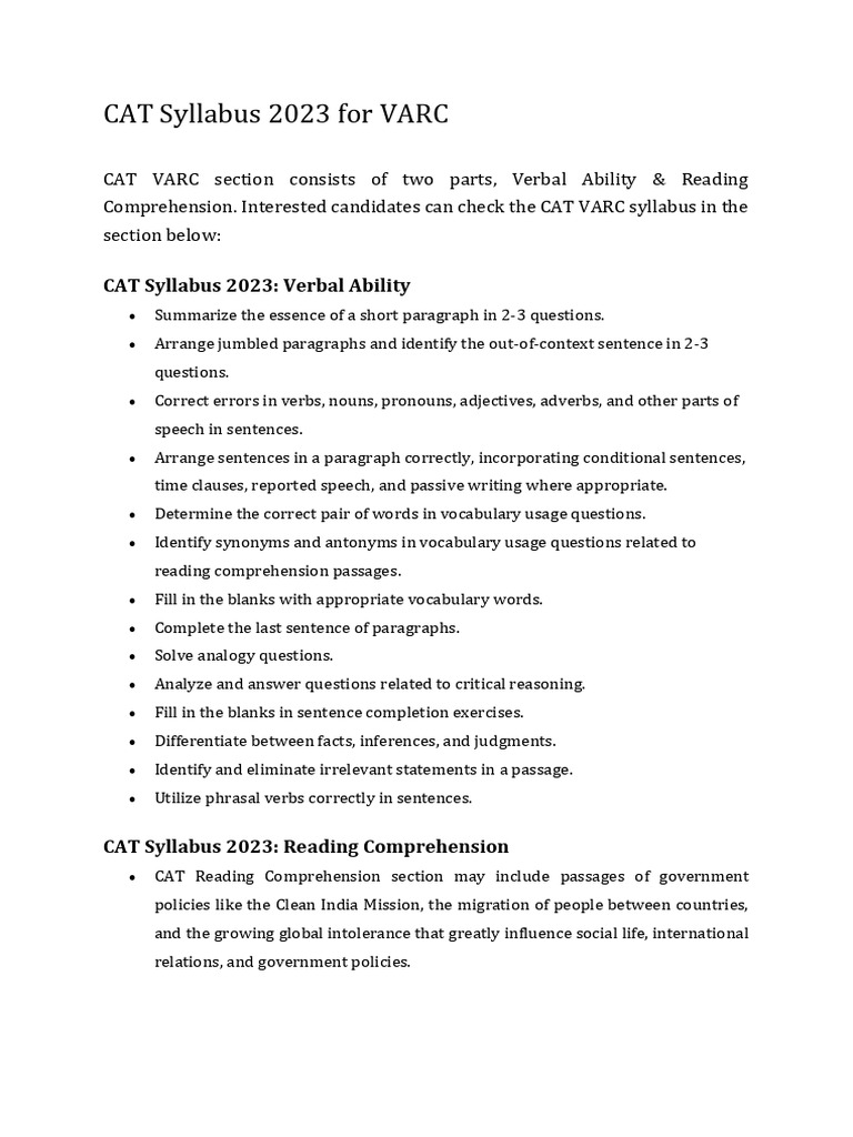 CAT 2023 VARC Syllabus Overview | PDF | Reading Comprehension ...