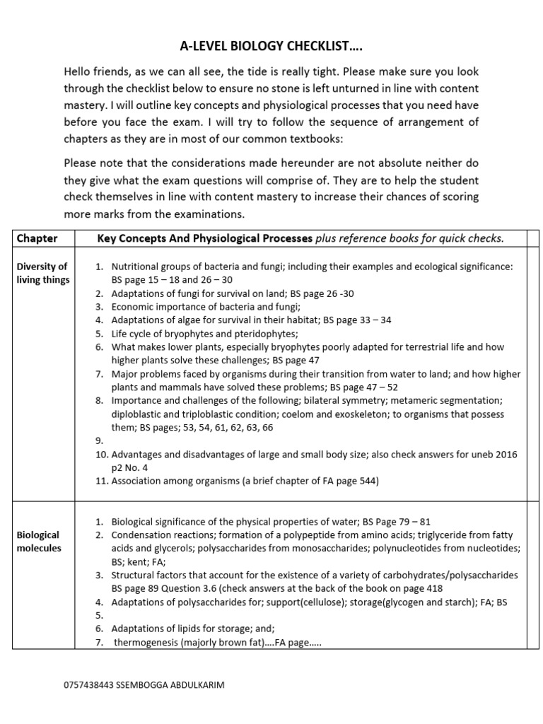 A-Level Biology Checklist | PDF | Enzyme | Cellular Respiration