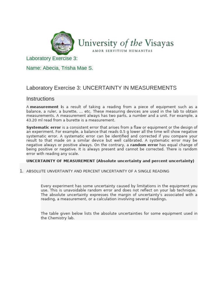 Laboratory Exercise 3 | PDF | Observational Error | Uncertainty