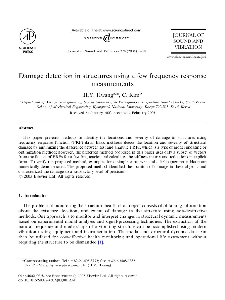 Damage Detection in Structures Using A Few Frequency Response ...