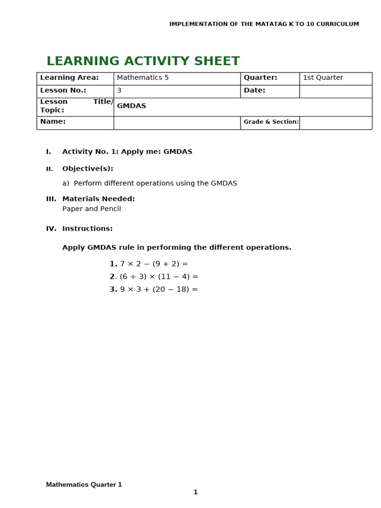 GMDAS Activity Sheet for Grade 5 | PDF