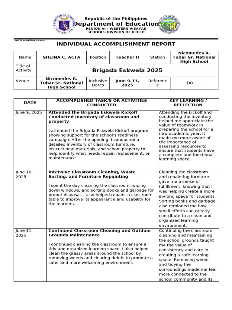 Brigada Eskwela 2025 Report: Teacher II | PDF | Classroom | Learning