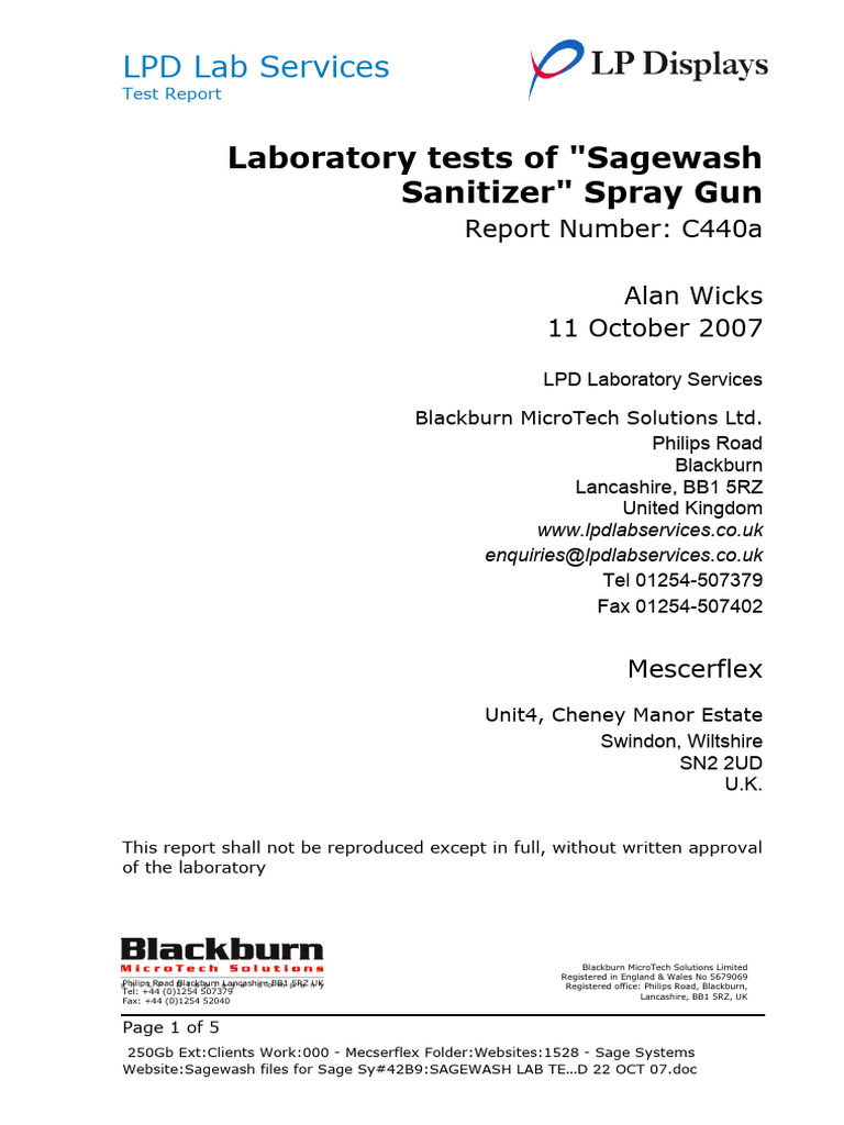 Sagewash Sanitizer Gun Test Report | PDF | Ph | Chlorine