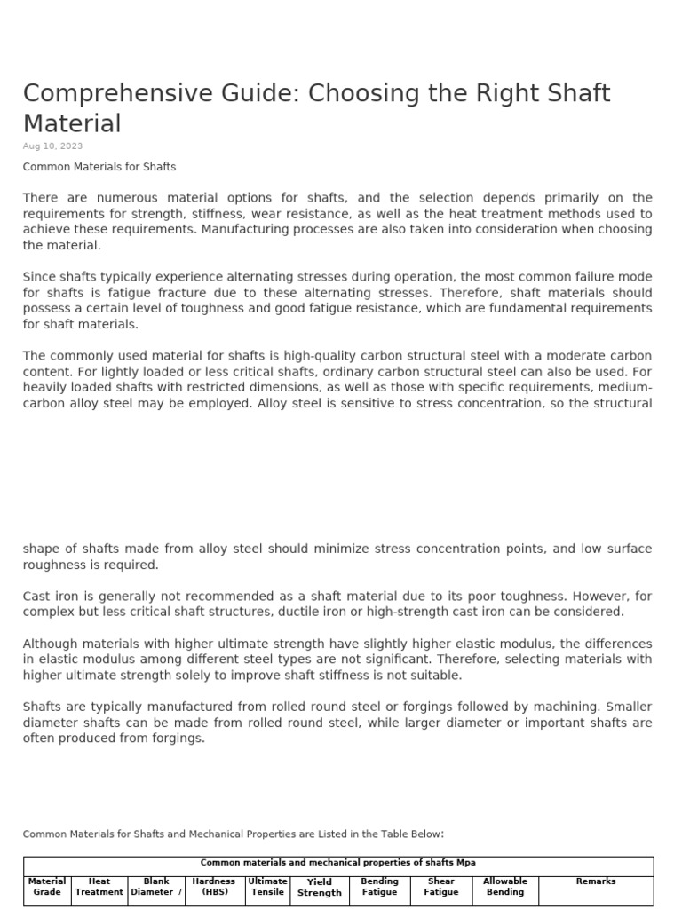 Shaft Material Selection | PDF | Strength Of Materials | Steel