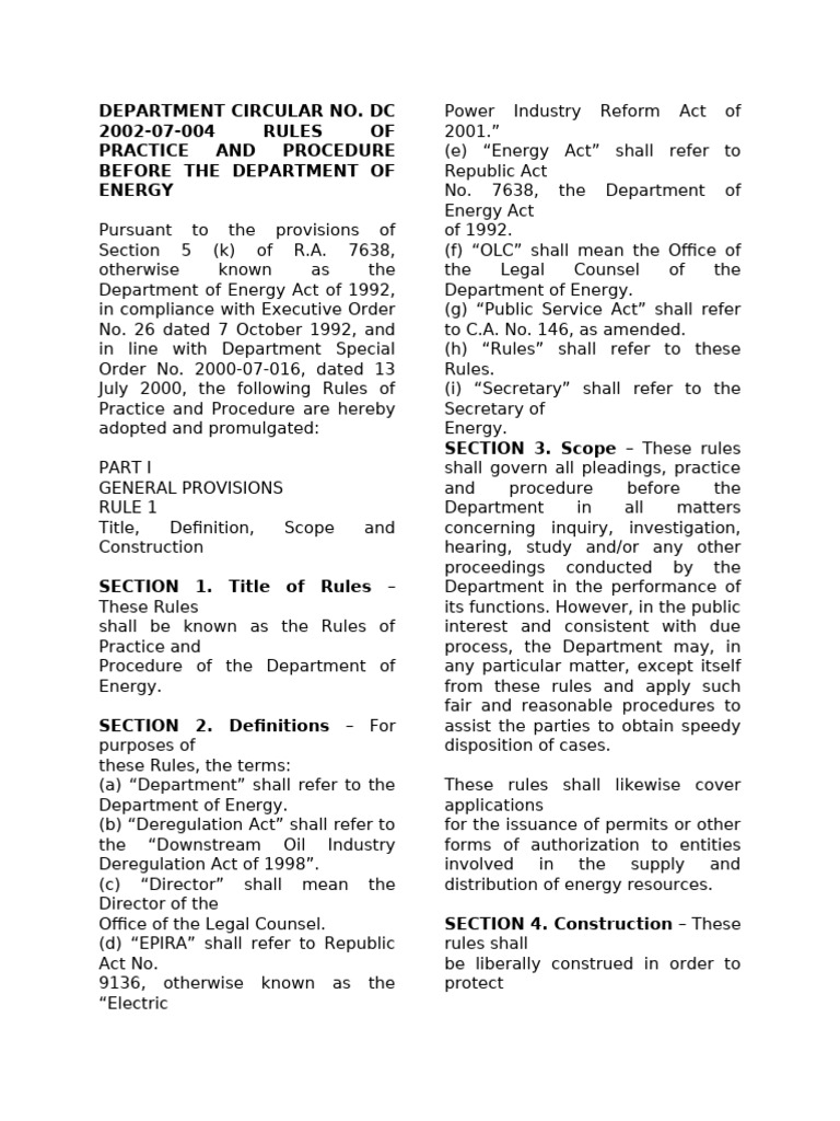 Department Circular No. DC 2002-07-004 Rules of Practice and Procedure ...
