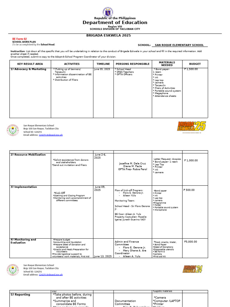 Brigada Eskwela 2025 Plan for San Roque | PDF | Public Services ...