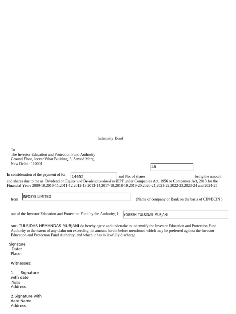 Indemnity Bond for IEPF Claims | PDF