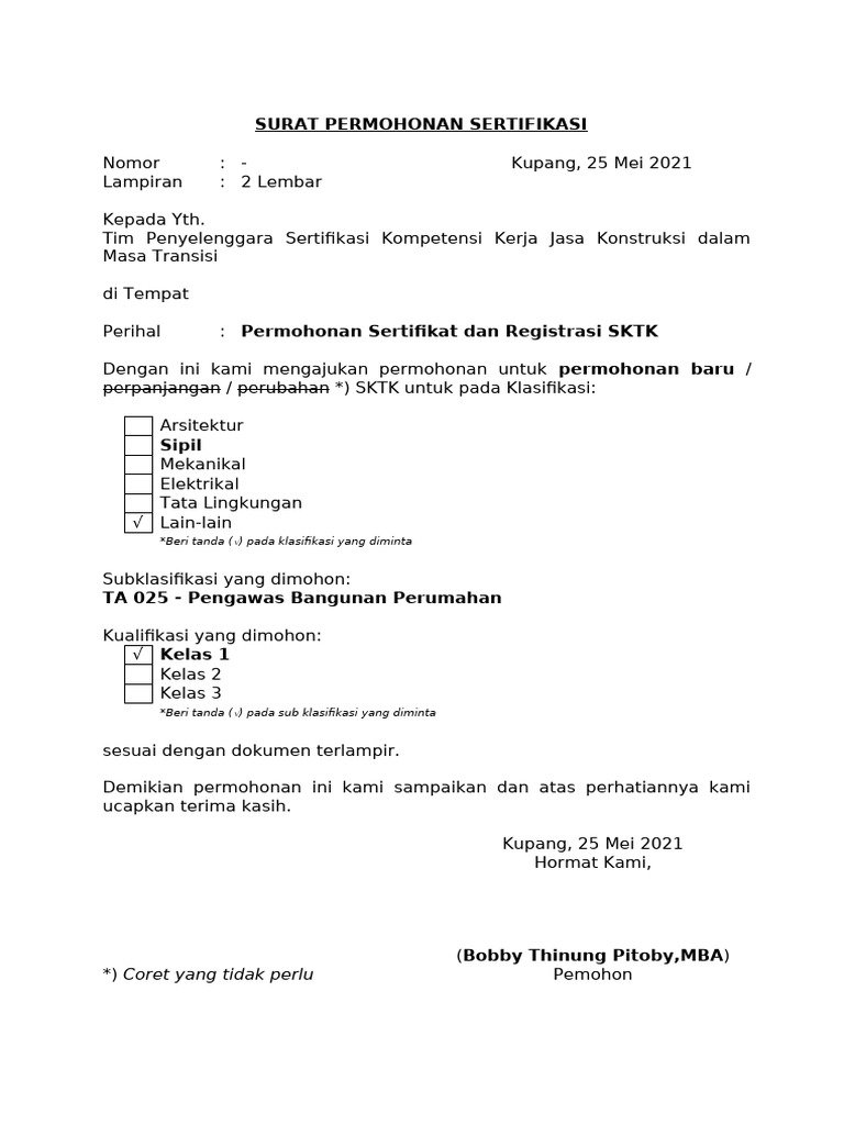 Permohonan Sertifikasi SKTK Konstruksi | PDF