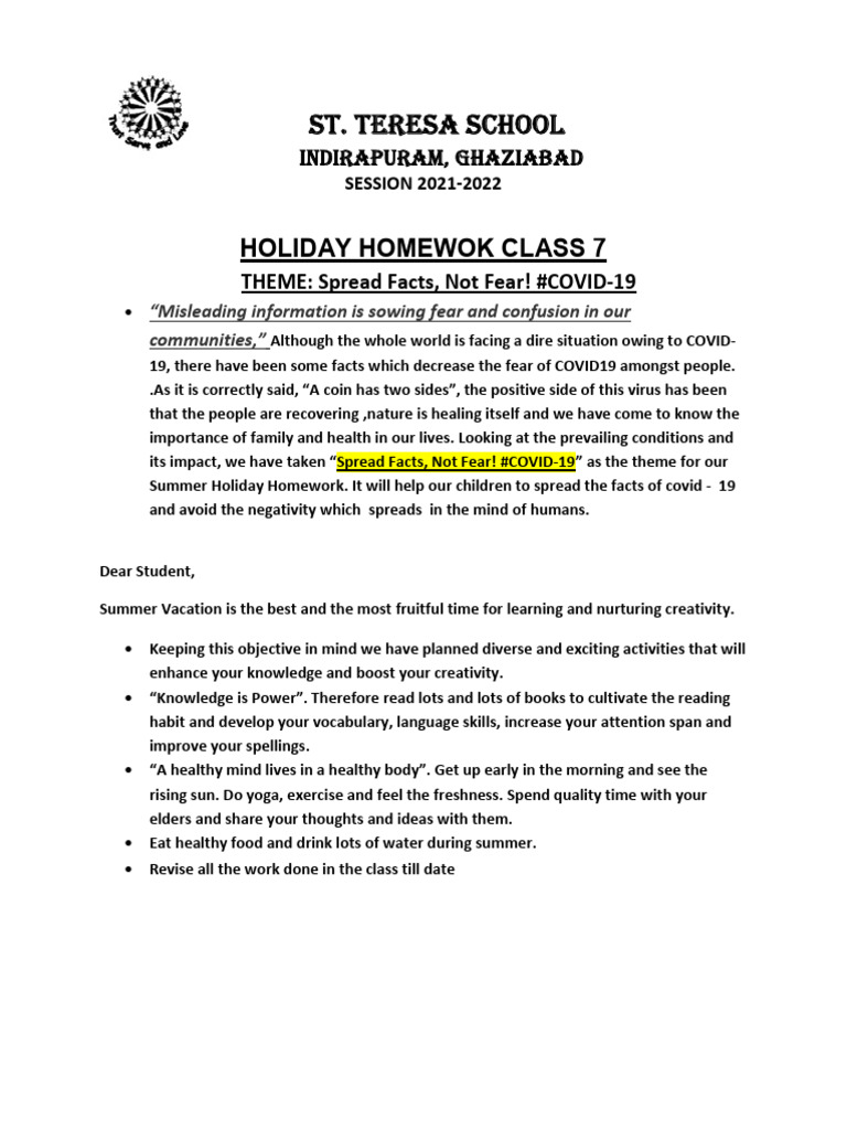 Class VII Holiday Homework | PDF | Homework