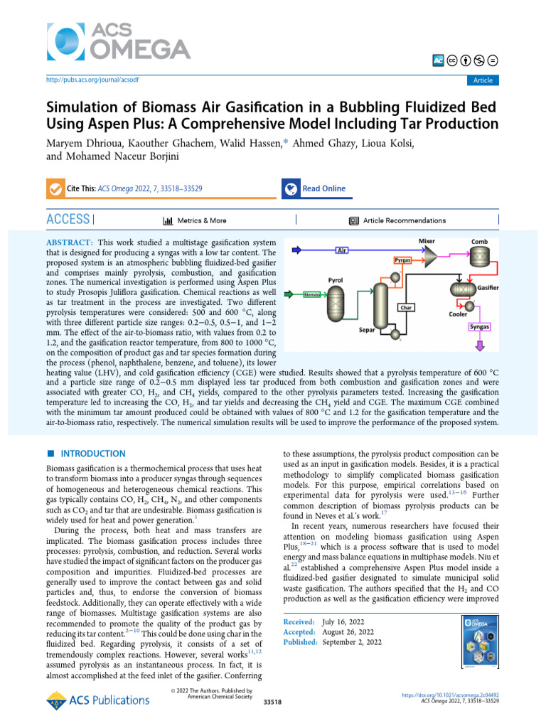 Dhrioua Et Al 2022 Simulation of Biomass Air Gasification in A Bubbling ...