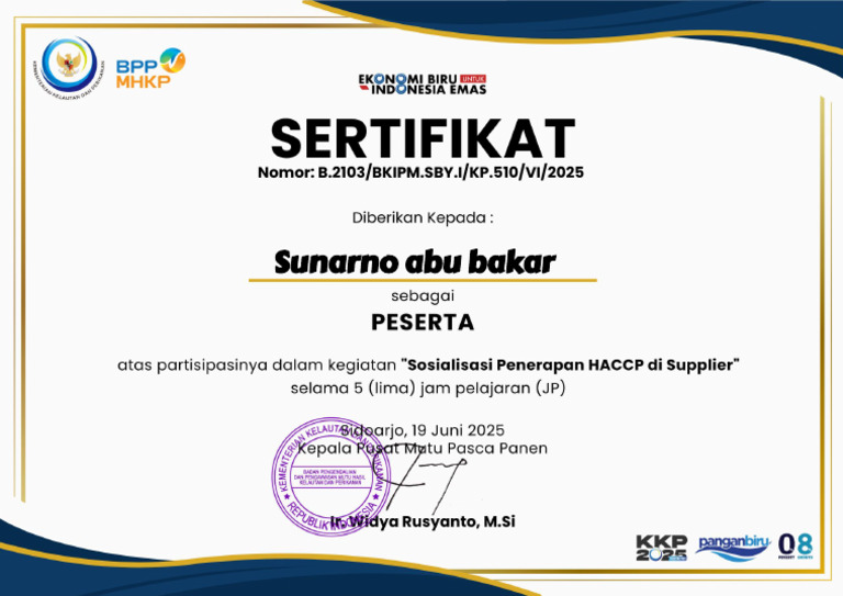 Sertifikat - Sunarno Abu Bakar | PDF