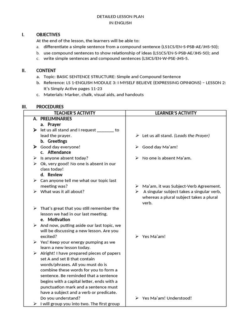 Detailed Lesson Plan Simple and Compound | PDF | Subject (Grammar ...