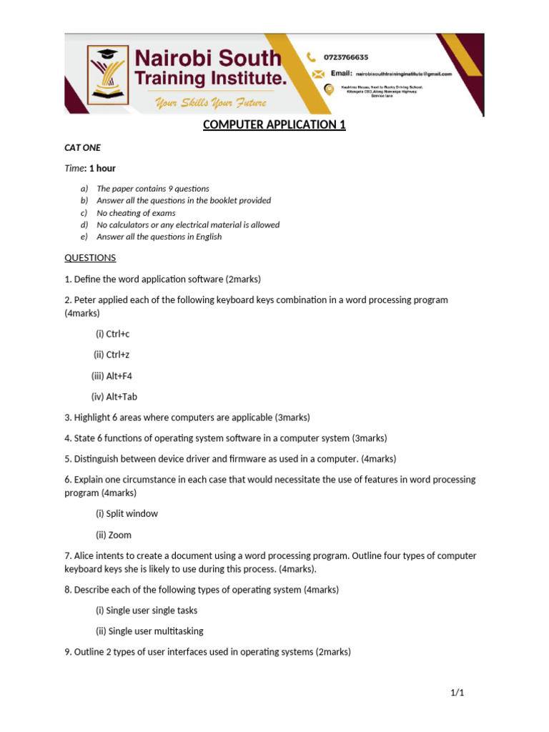 Computer Application Exam Questions | PDF