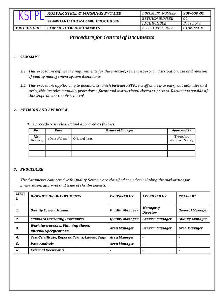 Kulpak Steel Document Control SOP | PDF | Computer File | Version Control