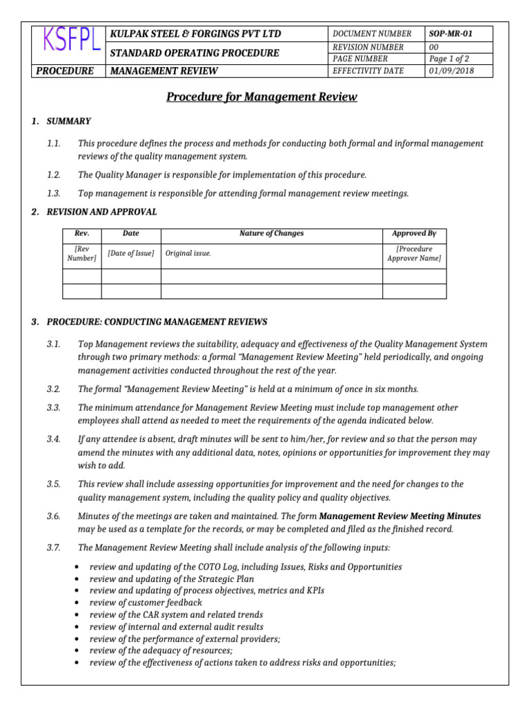 Management Review SOP for Quality System | PDF | Quality Management ...