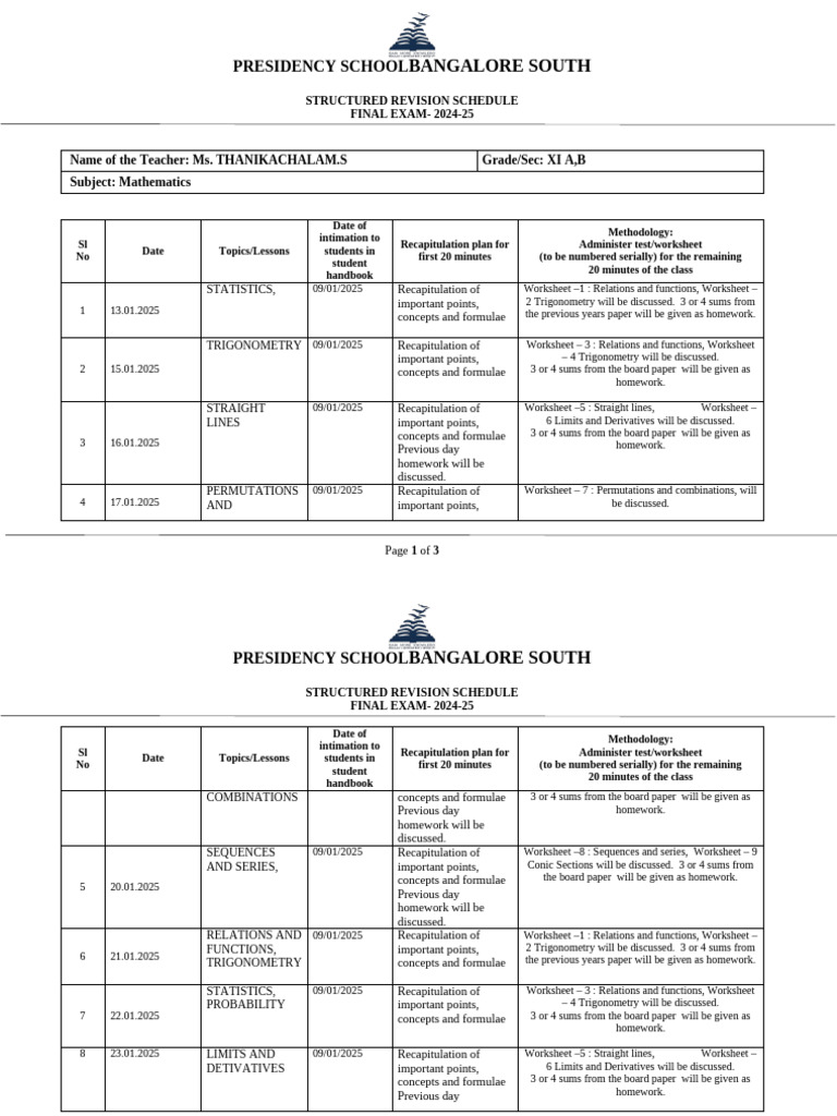 2024-25 Math Revision Schedule | PDF | Worksheet | Mathematics