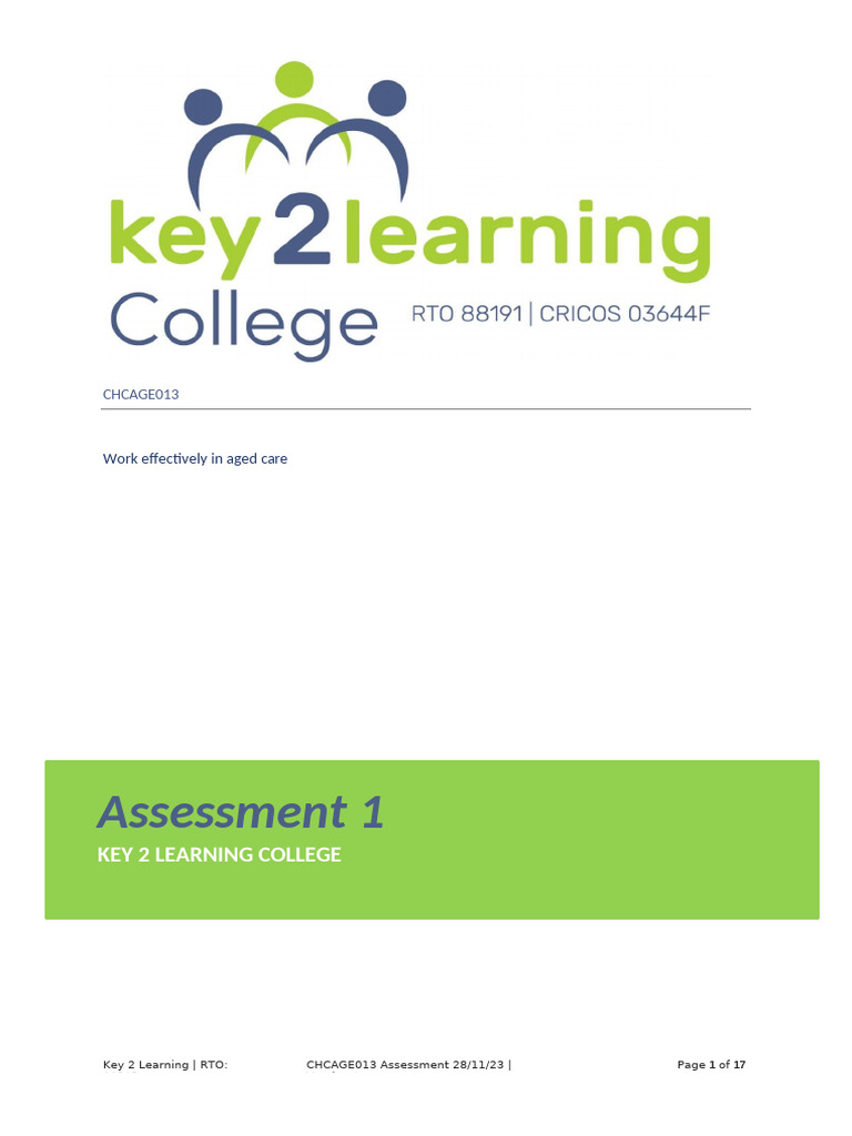 Assessment 1: Key 2 Learning College | PDF | Elderly Care | Mental Health