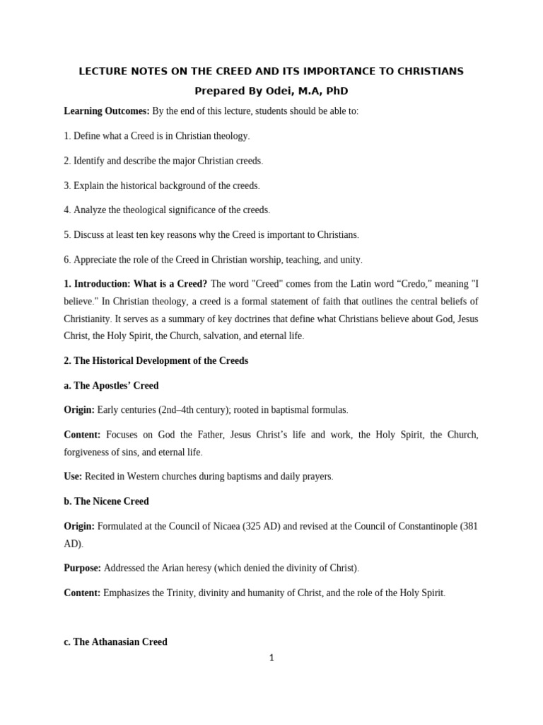 Lecture Notes On The Creed and Its Importance To Christians | PDF ...