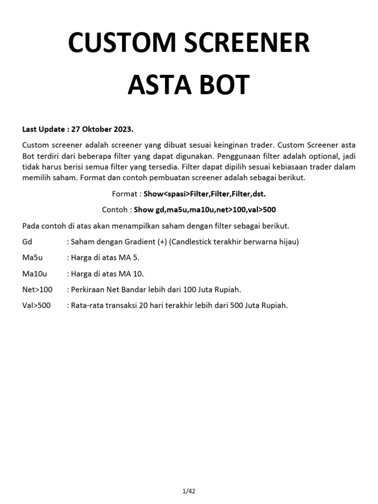 Custom Screener Asta Bot untuk Trader | PDF