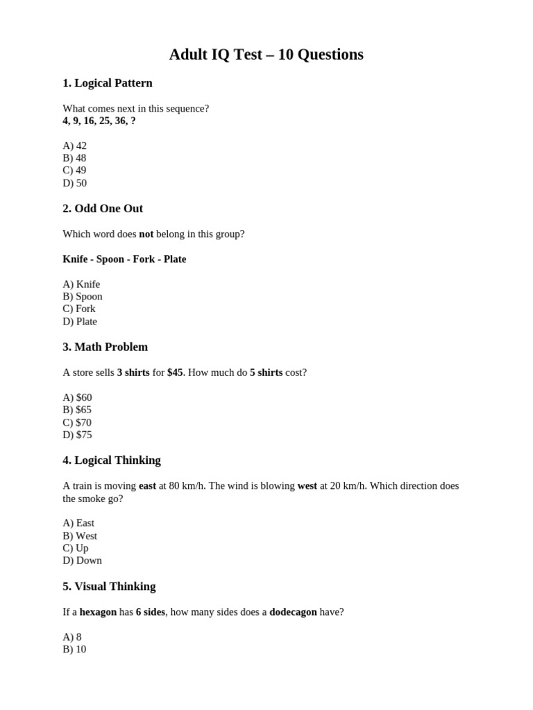 Adult IQ Test: 10 Questions & Answers | PDF