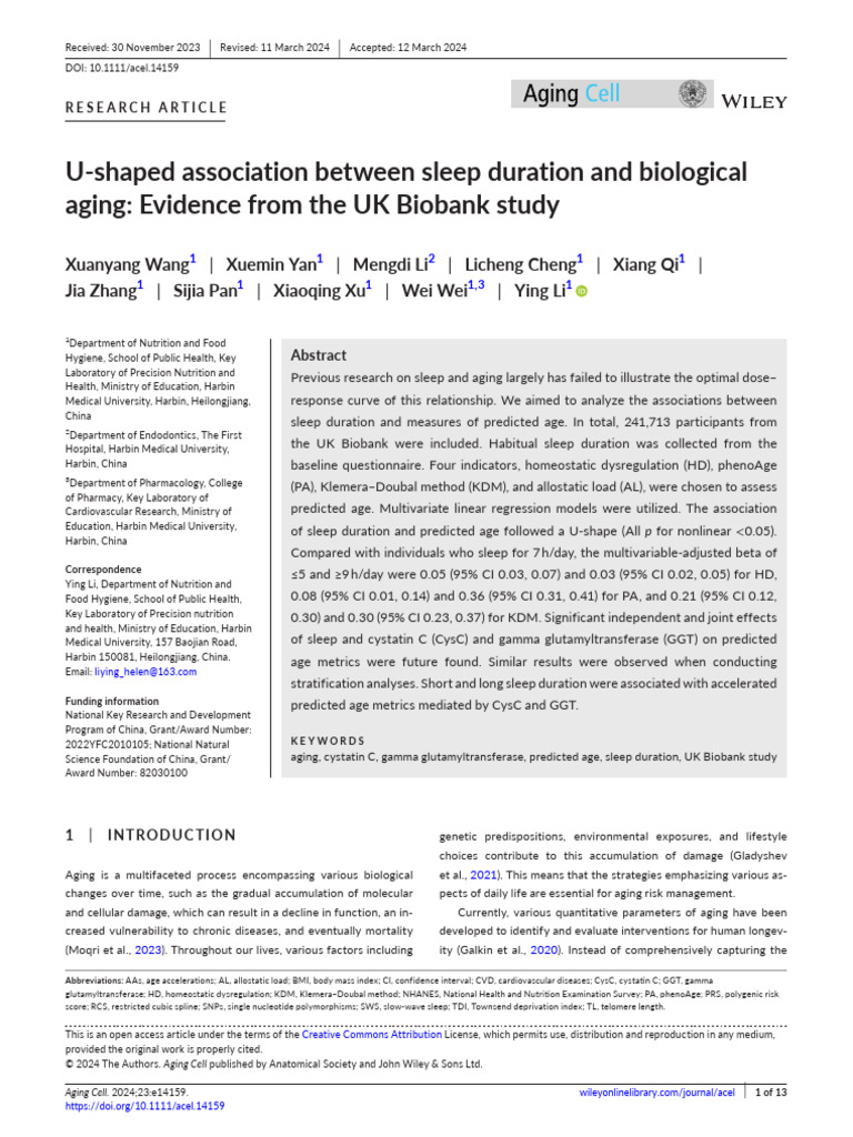 U Shaped Association Between Sleep Duration and Biological Aging | PDF