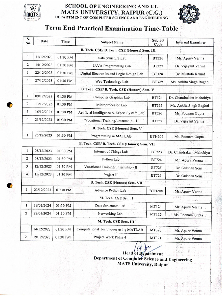 Term-End Practical Time-Table Dec. 2023 | PDF