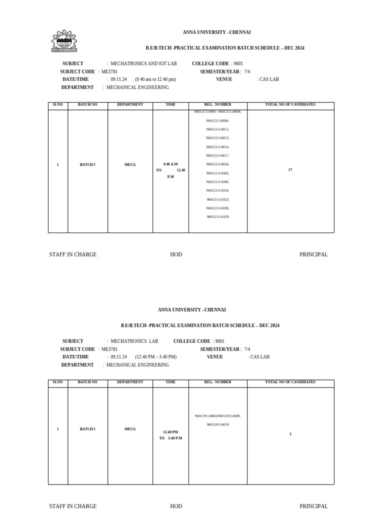 Mechatronics Lab Exam Schedule Dec 2024 | PDF | Engineering