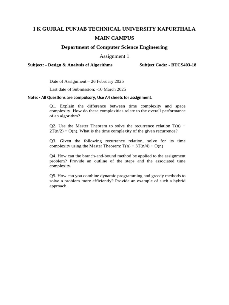 Design & Analysis of Algorithms Assignment | PDF