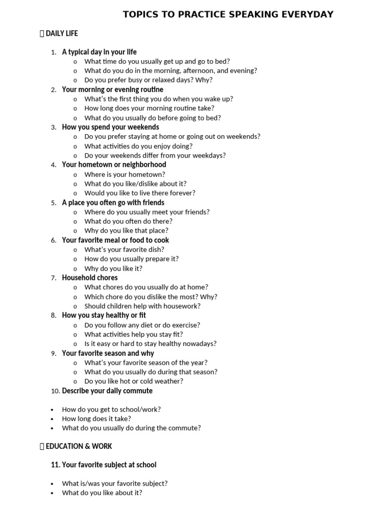 Daily Speaking Practice Topics | PDF