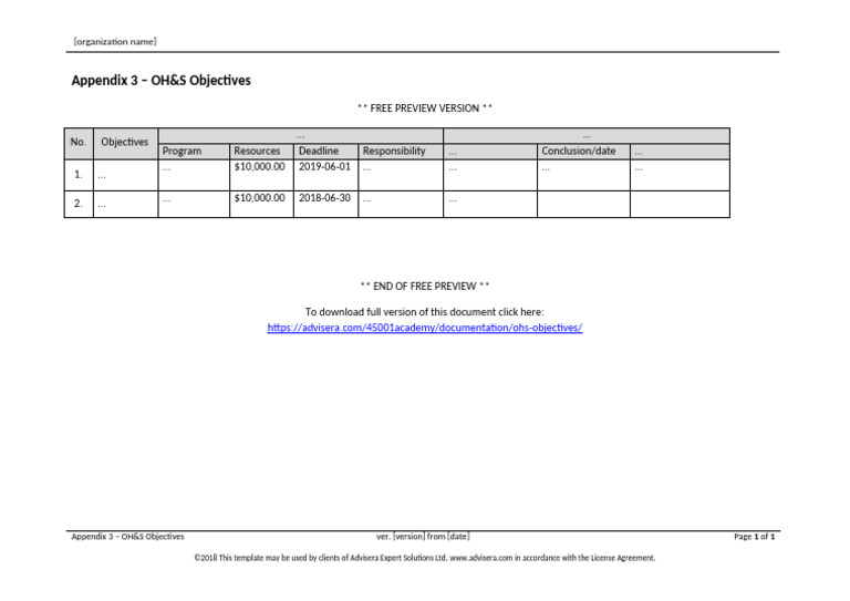 OH&S Objectives Appendix Overview | PDF