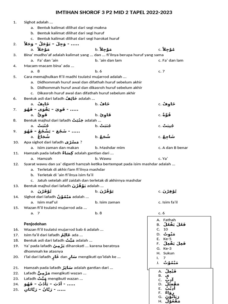 Imtihan Shorof 3 p2 Mid 2 Tapel 2022-2023 | PDF