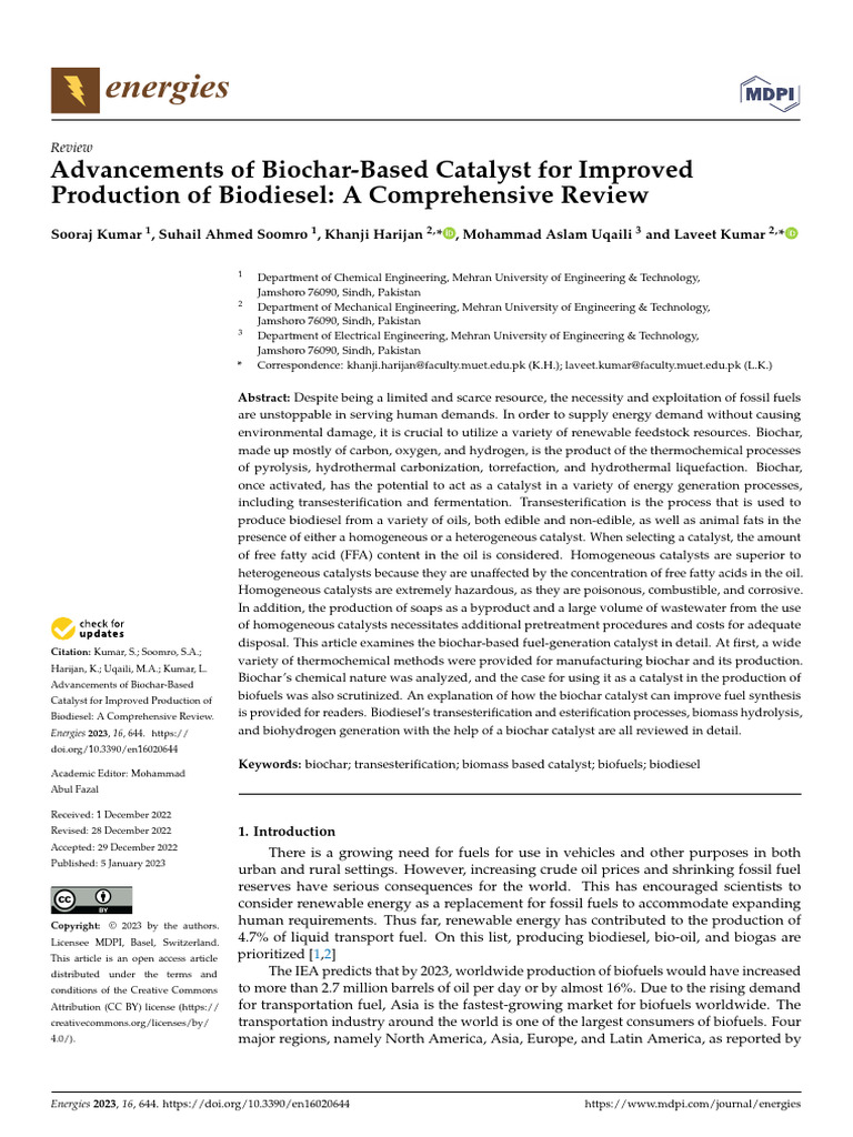 Biochar Catalysts for Enhanced Biodiesel Production | PDF | Biofuel ...