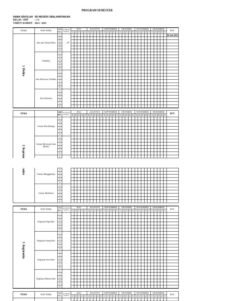 Contoh Promes Kls 1 Semester 1 | PDF