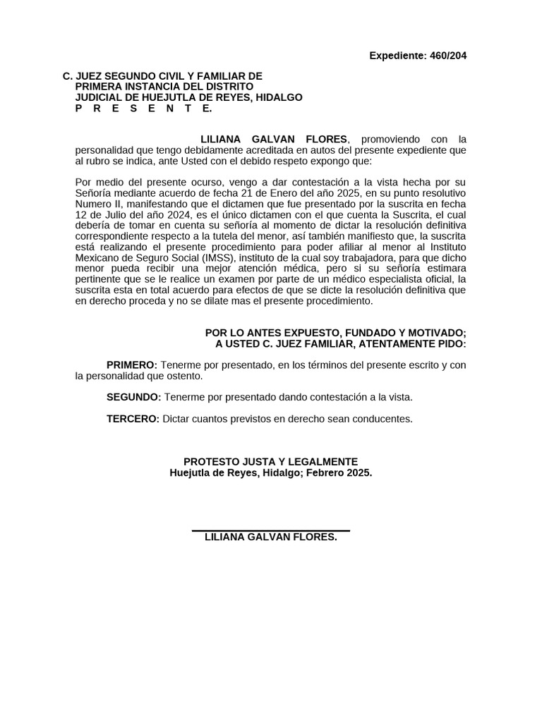 Contestación sobre tutela de menor IMSS | PDF