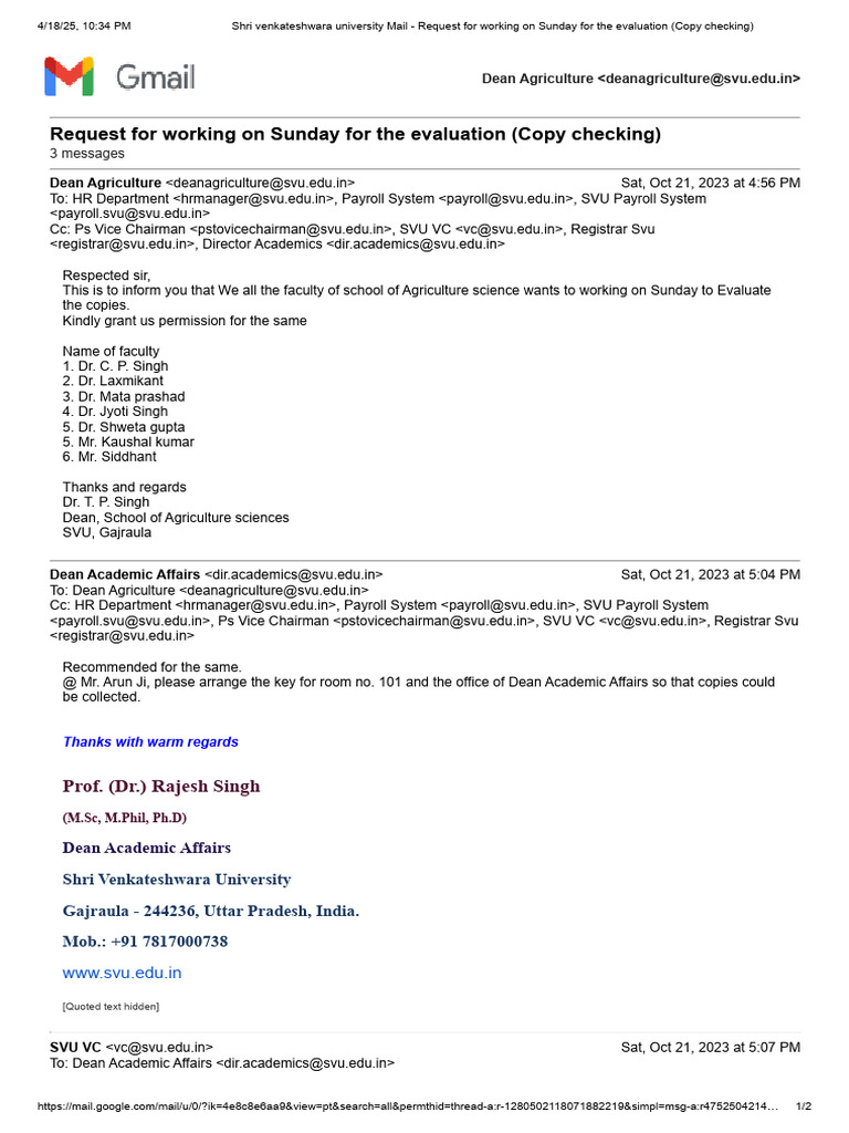 Request For Working On Sunday For The Evaluation (Copy Checking) | PDF ...