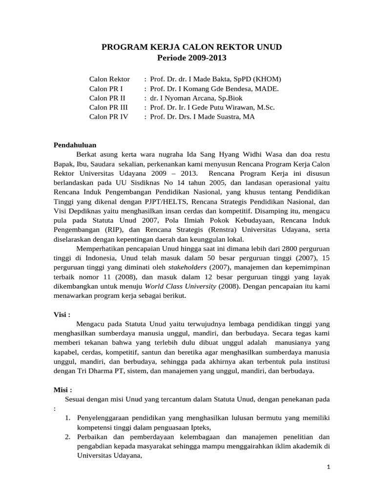 Program Kerja Rektor Unud 2009-2013 | PDF