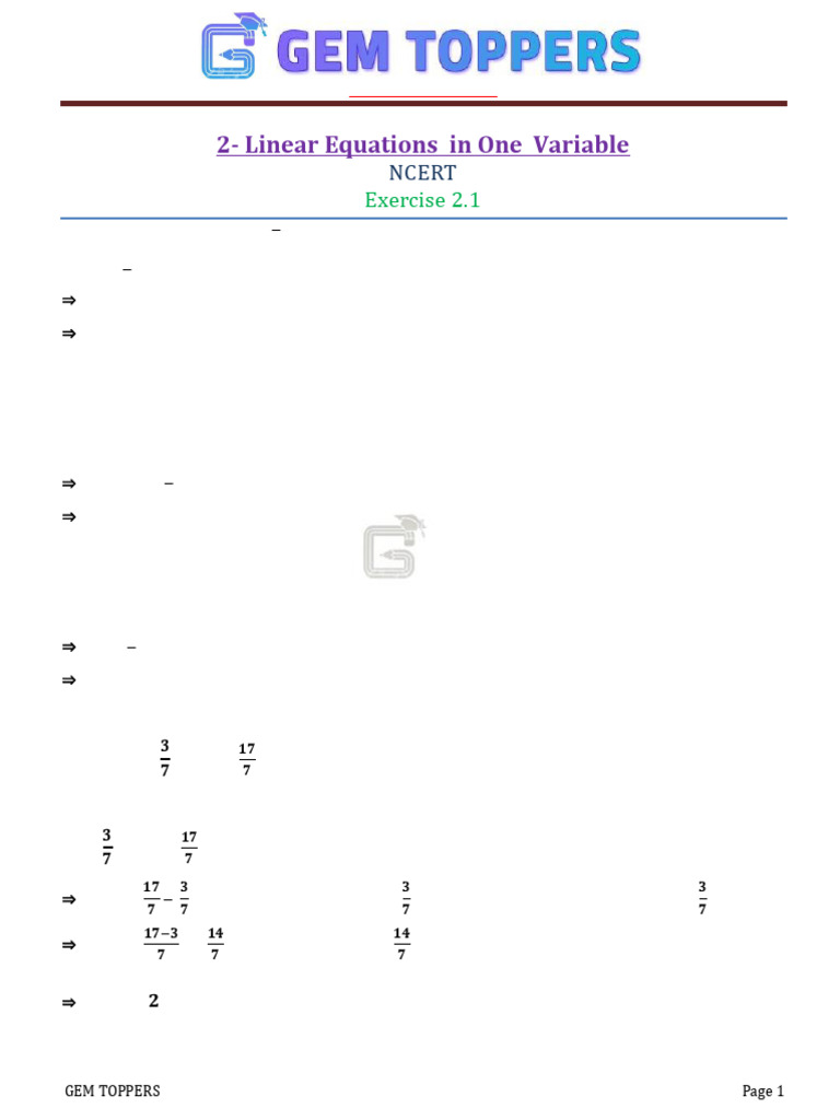 Class 8 Linear Equations Exercise 2.1 | PDF | Linear Algebra | Mathematics